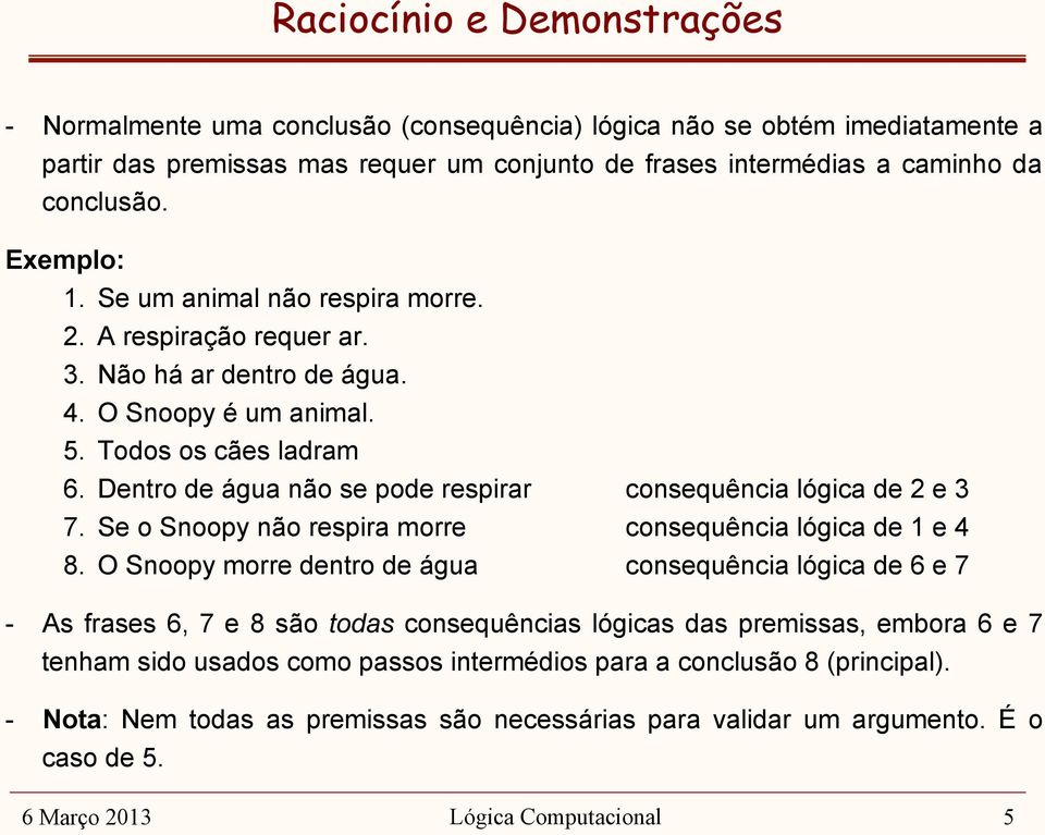 Dentro de água não se pode respirar consequência lógica de 2 e 3 7. Se o Snoopy não respira morre consequência lógica de 1 e 4 8.