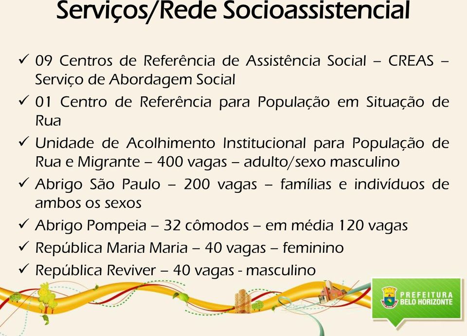 Migrante 400 vagas adulto/sexo masculino Abrigo São Paulo 200 vagas famílias e indivíduos de ambos os sexos Abrigo