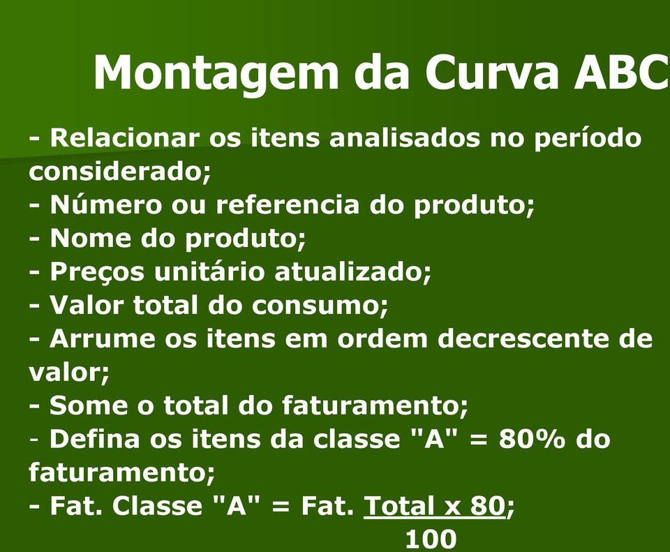 consumo; - Arrume os itens em ordem decrescente de valor; - Some o total do faturamento; -