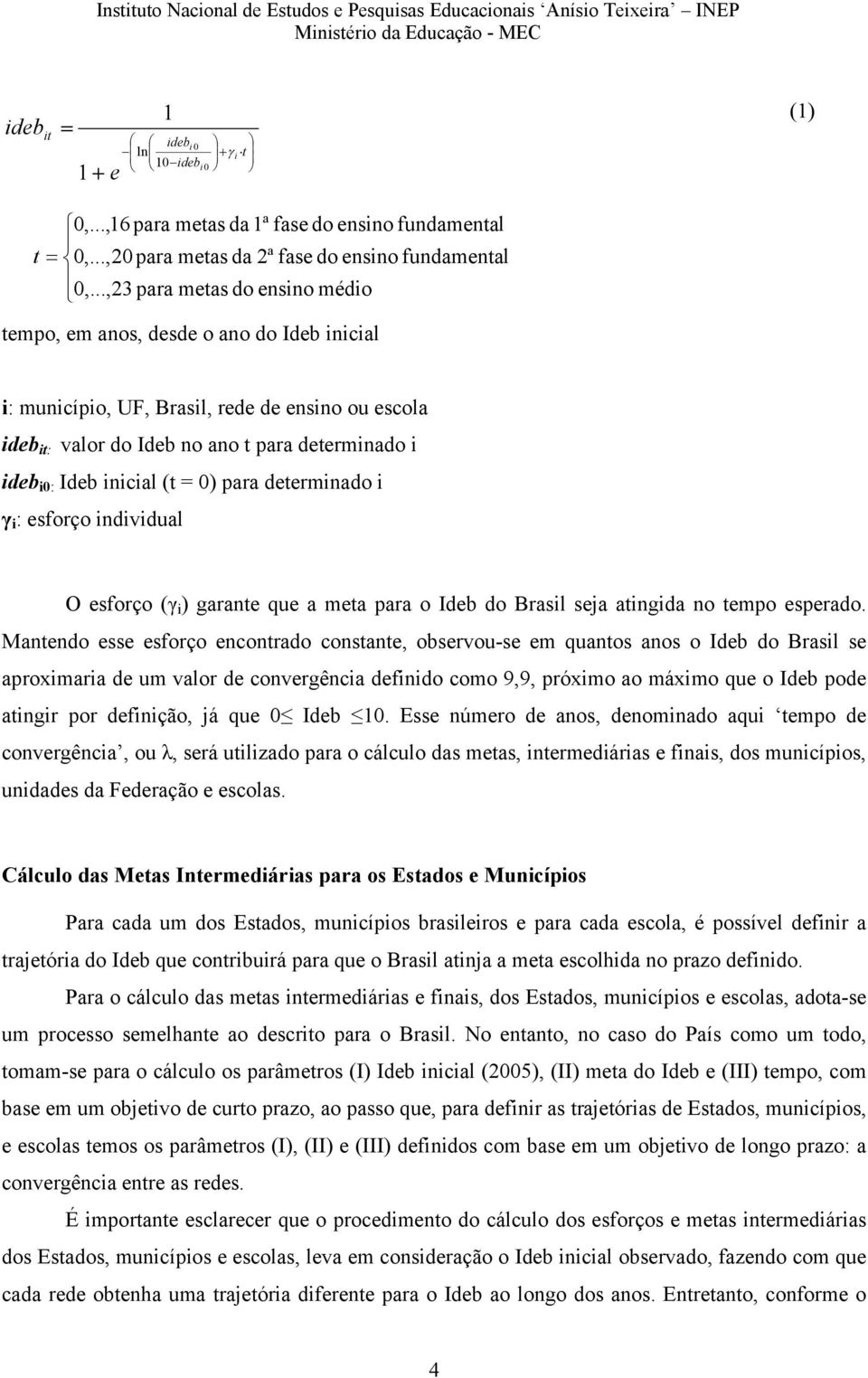 (t = ) para determinado i γ i : esforço individual O esforço (γ i ) garante que a meta para o Ideb do Brasil seja atingida no tempo esperado.