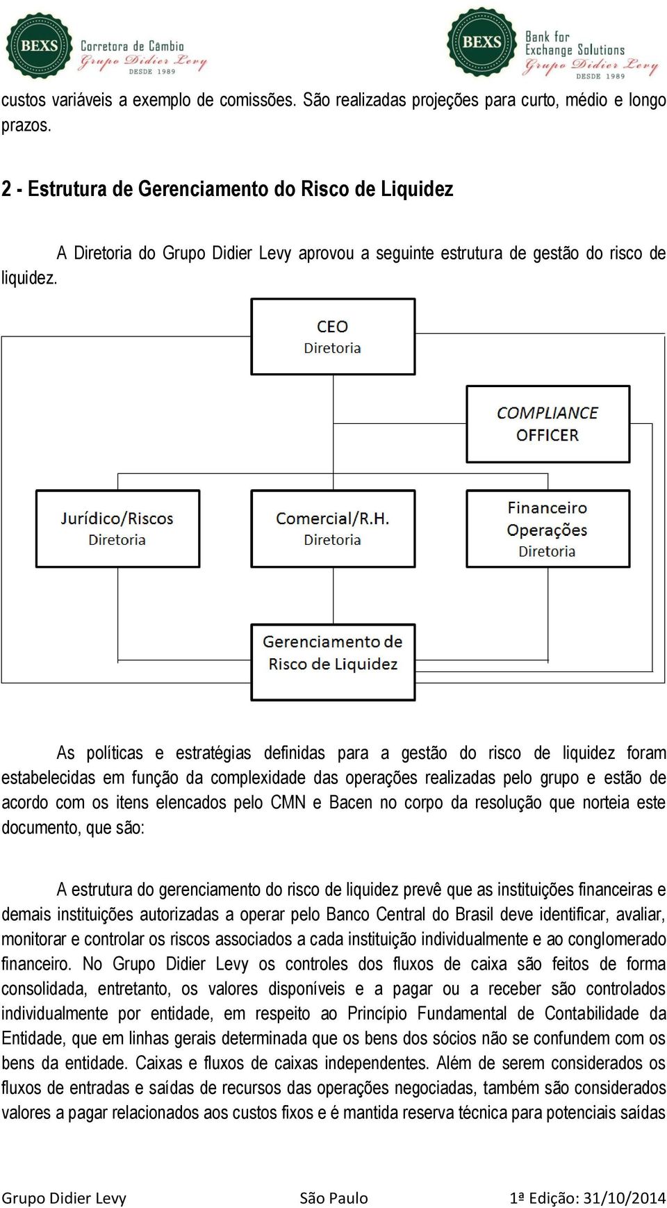 As políticas e estratégias definidas para a gestão do risco de liquidez foram estabelecidas em função da complexidade das operações realizadas pelo grupo e estão de acordo com os itens elencados pelo