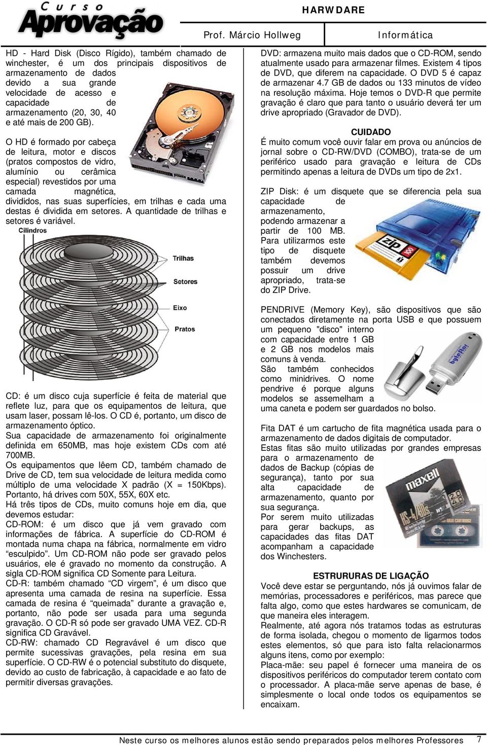 O HD é formado por cabeça de leitura, motor e discos (pratos compostos de vidro, alumínio ou cerâmica especial) revestidos por uma camada magnética, divididos, nas suas superfícies, em trilhas e cada