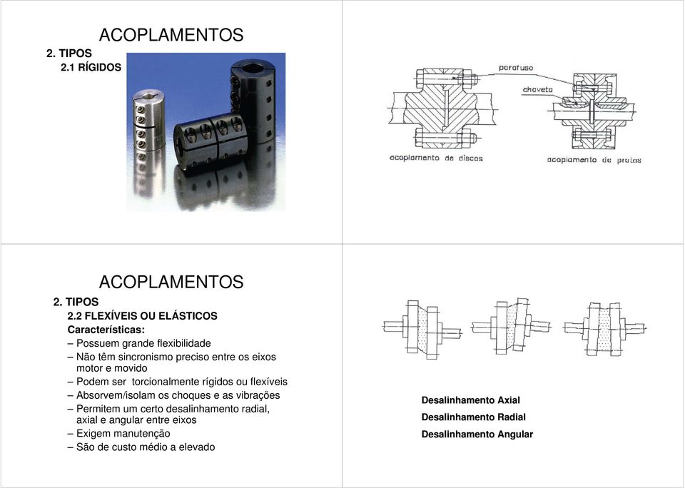 e movido Podem ser torcionalmente rígidos ou flexíveis Absorvem/isolam os choques e as vibrações