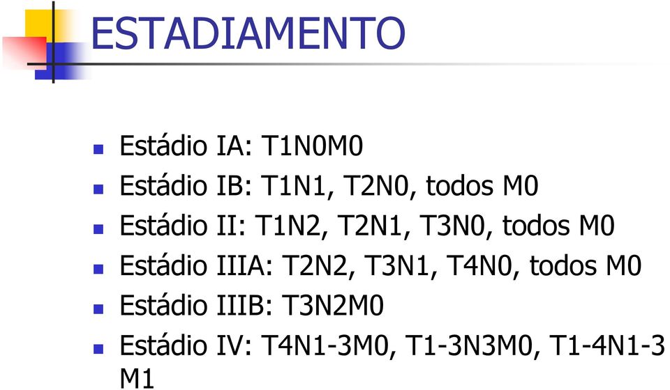 M0 Estádio IIIA: T2N2, T3N1, T4N0, todos M0 Estádio