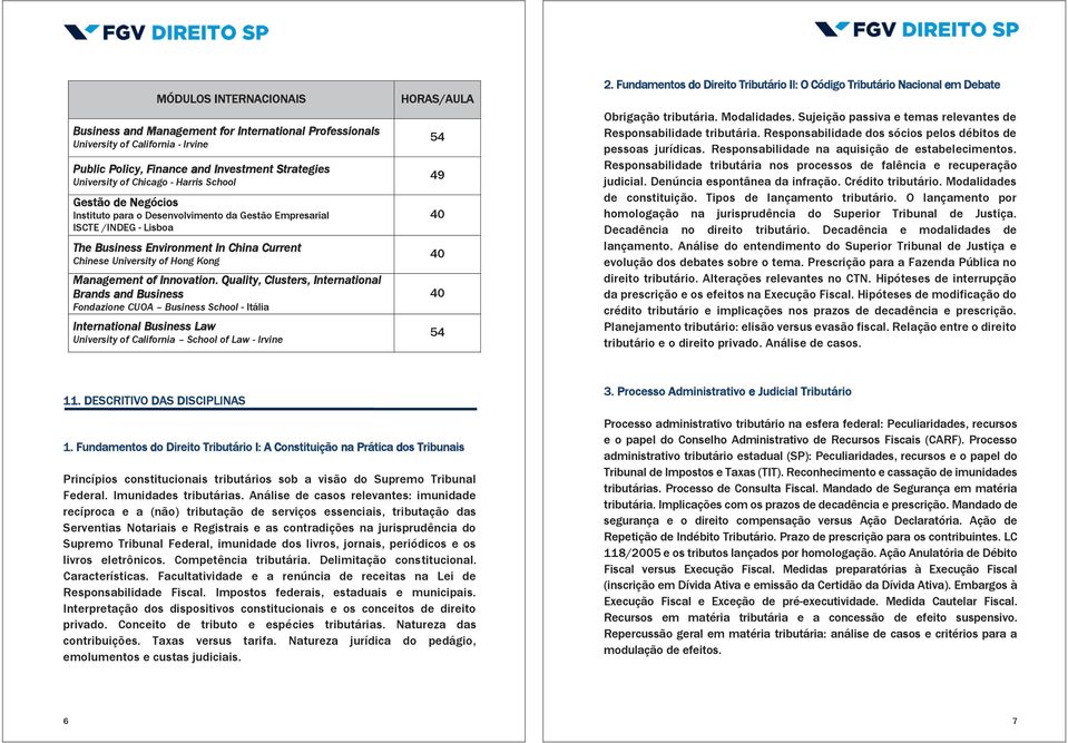 Quality, Clusters, International Brands and Business Fondazione CUOA Business School - Itália International Business Law University of California School of Law - Irvine HORAS/AULA 54 49 40 40 40 54 2.