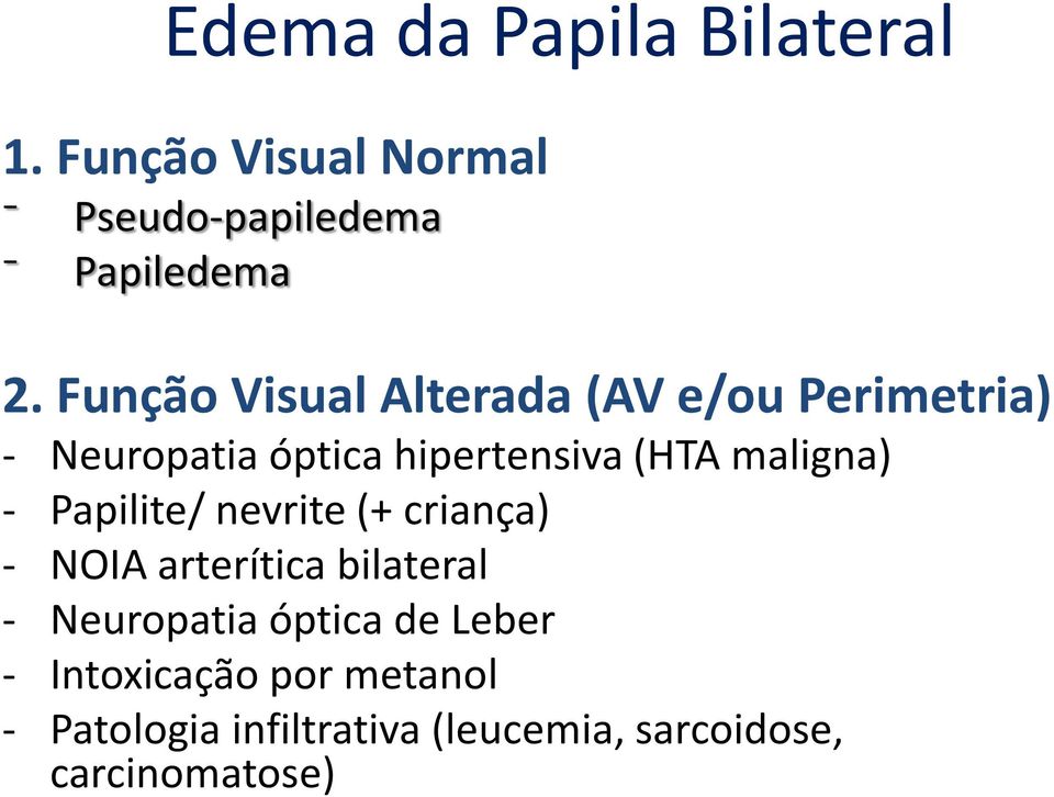 maligna) - Papilite/ nevrite (+ criança) - NOIA arterítica bilateral - Neuropatia