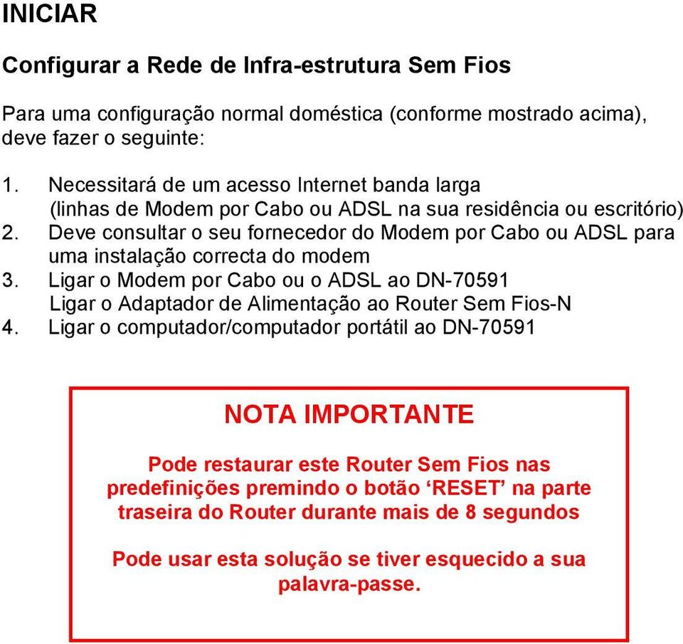 Deve consultar o seu fornecedor do Modem por Cabo ou ADSL para uma instalação correcta do modem 3.