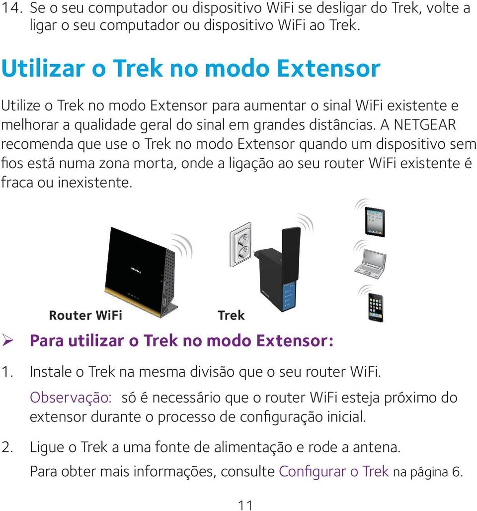 A NETGEAR recomenda que use o Trek no modo Extensor quando um dispositivo sem fios está numa zona morta, onde a ligação ao seu router WiFi existente é fraca ou inexistente.