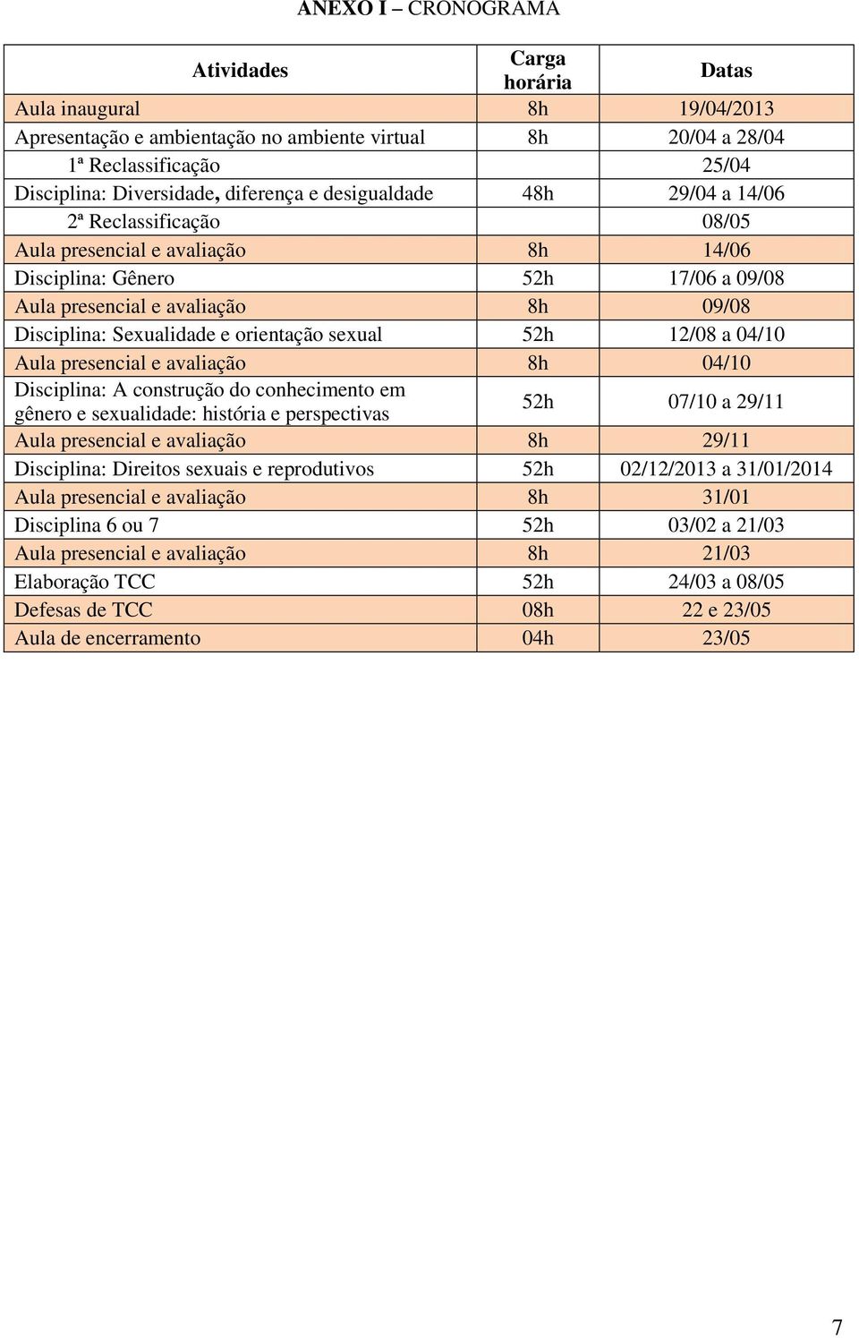 Sexualidade e orientação sexual 52h 12/08 a 04/10 Aula presencial e avaliação 8h 04/10 Disciplina: A construção do conhecimento em gênero e sexualidade: história e perspectivas 52h 07/10 a 29/11 Aula