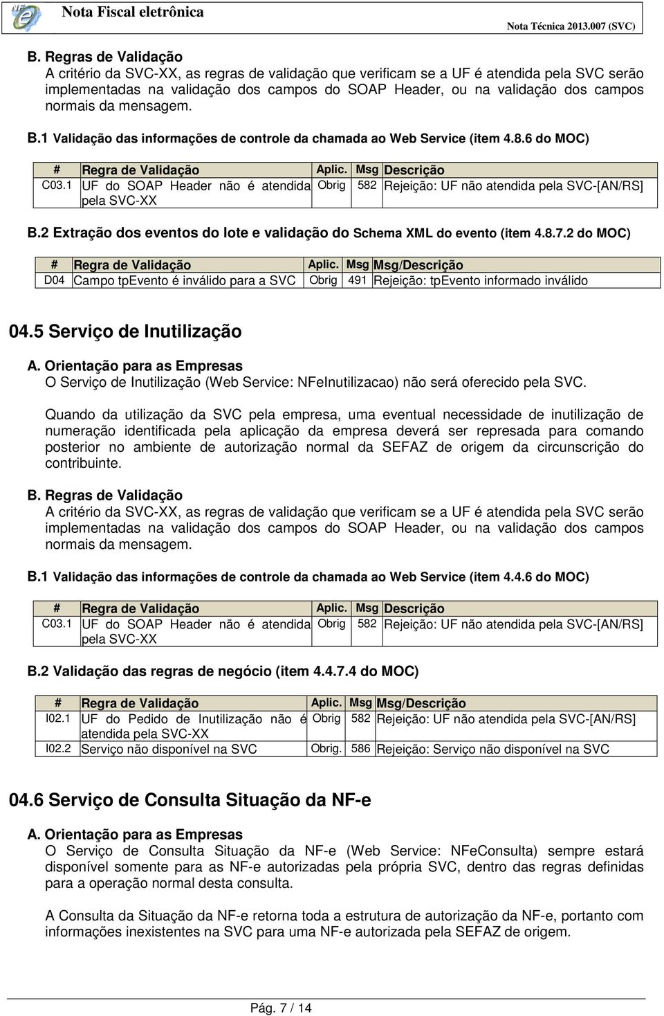 normais da mensagem. B.1 Validação das informações de controle da chamada ao Web Service (item 4.8.6 do MOC) # Regra de Validação Aplic. Msg Descrição C03.