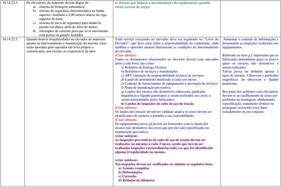 c) sistema de trava de segurança para mantê-lo parado em altura, além do freio do motor; d) interruptor de corrente para que só se movimente com portas ou painéis fechados 5 Quando houver