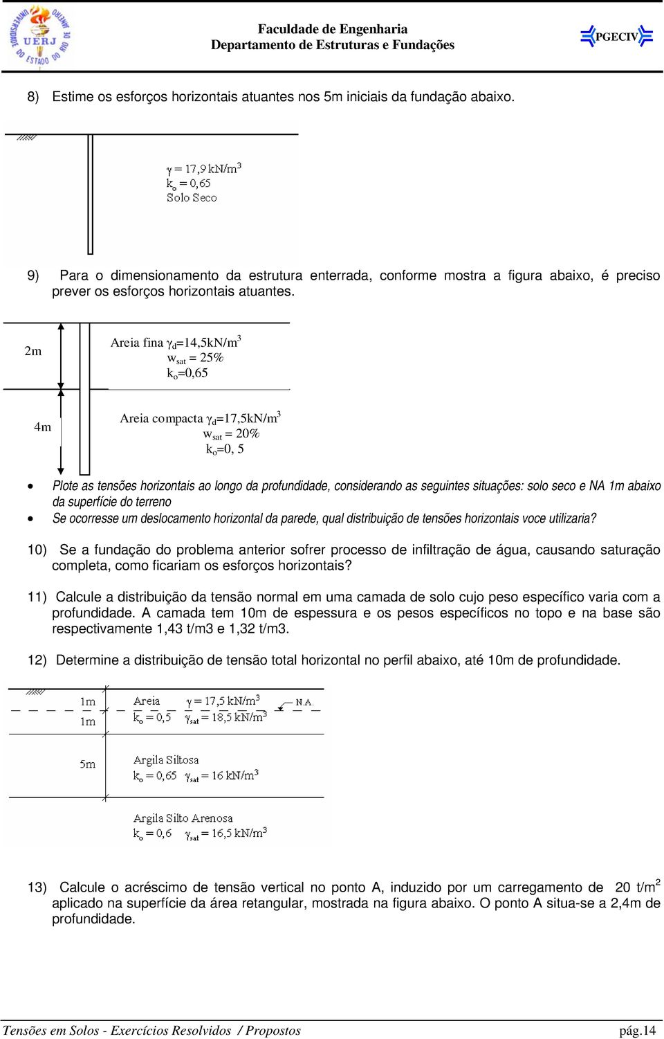 2m Areia fina γ d =14,5kN/m 3 w sat = 25% k o =0,65 4m Areia compacta γ d =17,5kN/m 3 w sat = 20% k o =0, 5 Plote as tensões horizontais ao longo da profundidade, considerando as seguintes situações: