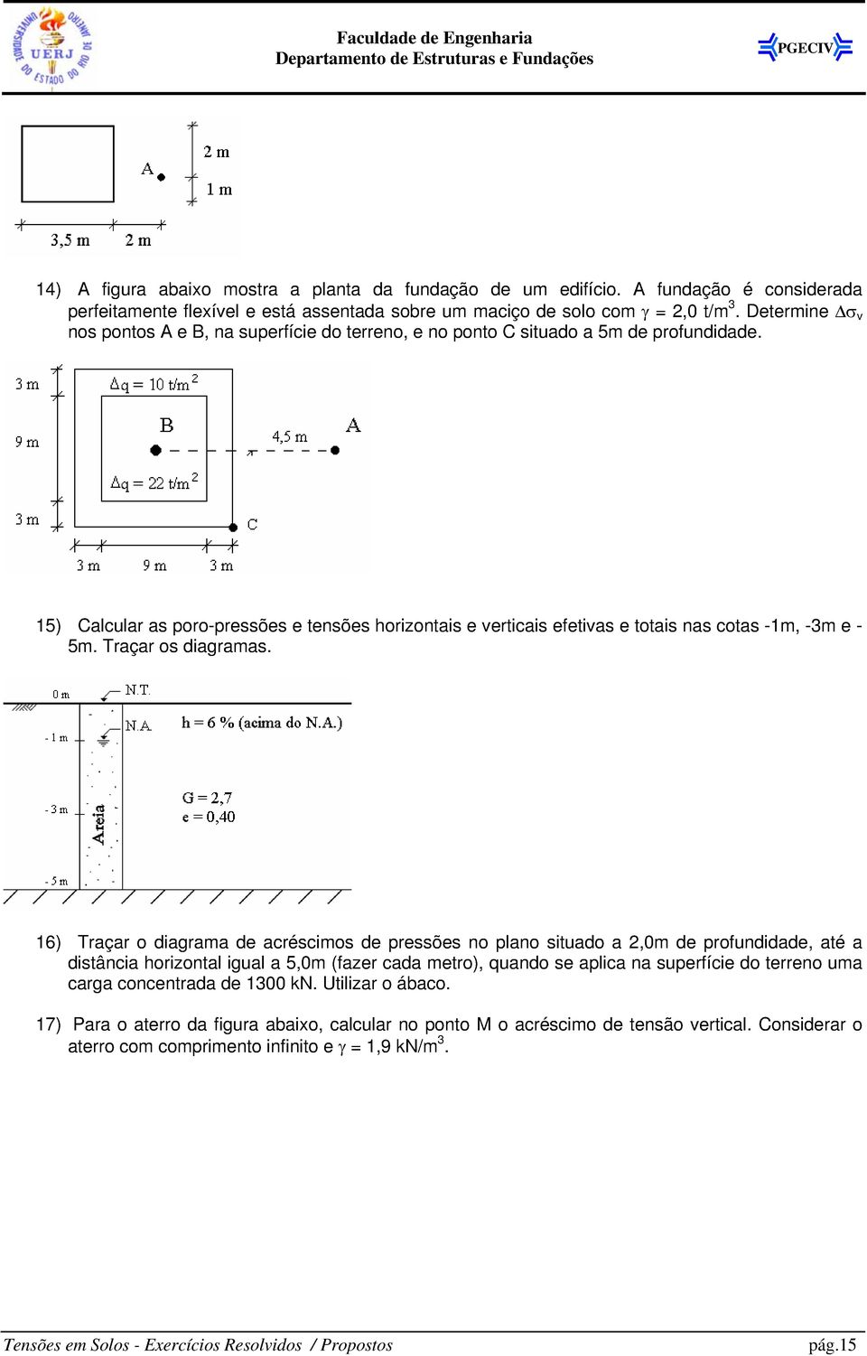 15) Calcular as poro-pressões e tensões horizontais e verticais efetivas e totais nas cotas -1m, -3m e - 5m. Traçar os diagramas.