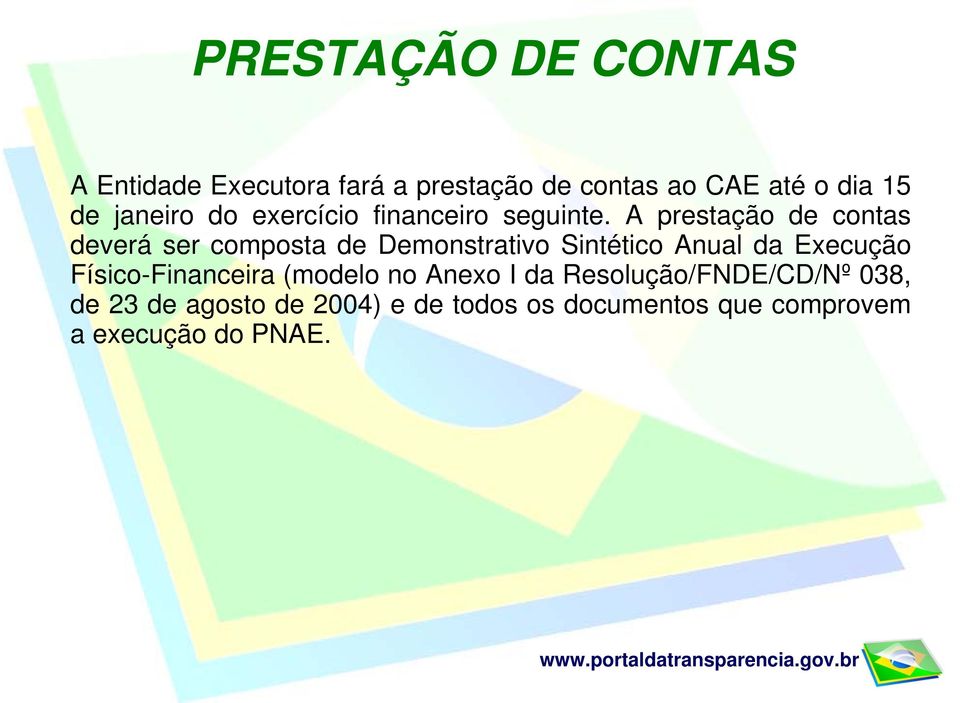 A prestação de contas deverá ser composta de Demonstrativo Sintético Anual da Execução