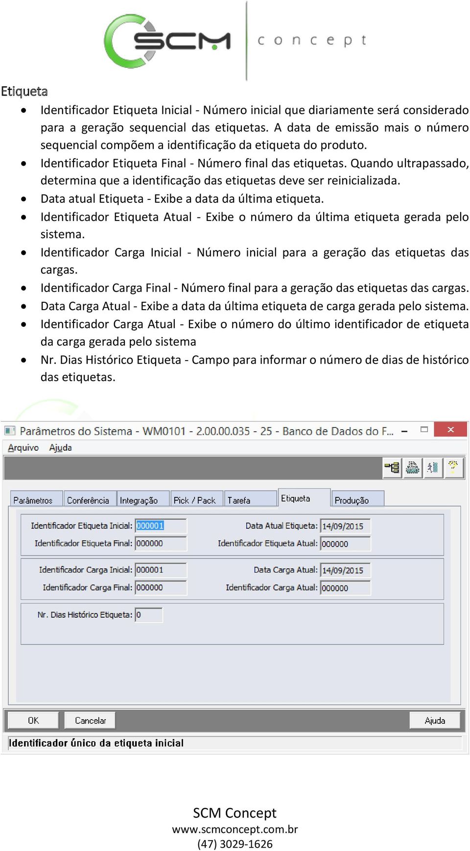 Quando ultrapassado, determina que a identificação das etiquetas deve ser reinicializada. Data atual Etiqueta - Exibe a data da última etiqueta.