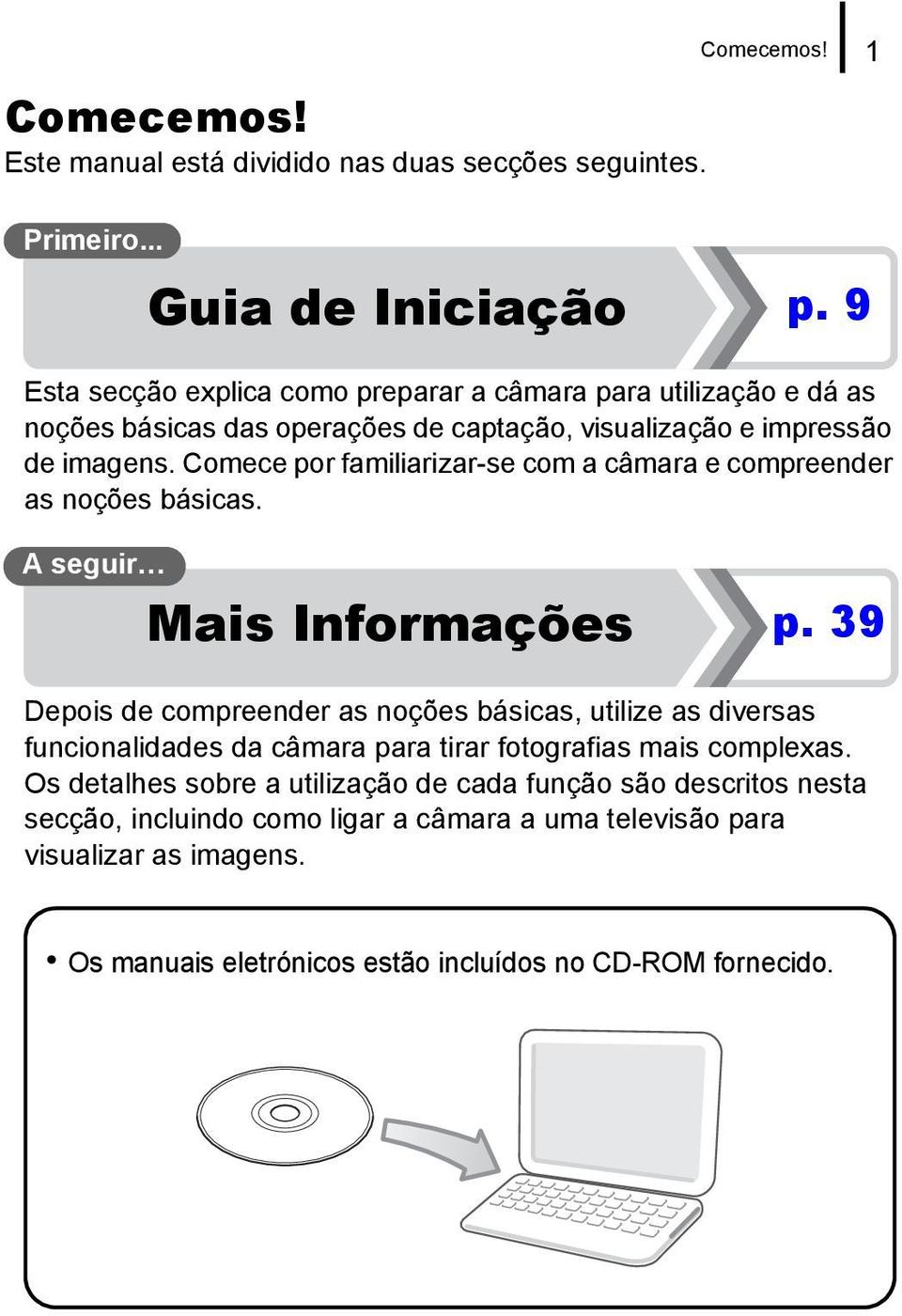 Comece por familiarizar-se com a câmara e compreender as noções básicas. A seguir Mais Informações p.