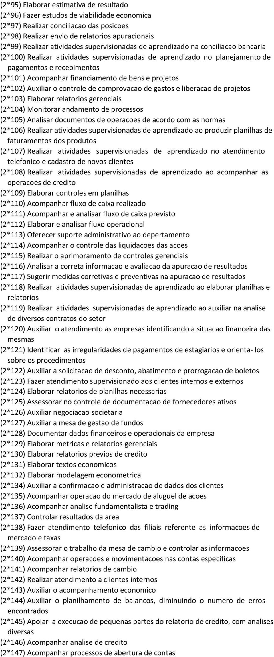 financiamento de bens e projetos (2*102) Auxiliar o controle de comprovacao de gastos e liberacao de projetos (2*103) Elaborar relatorios gerenciais (2*104) Monitorar andamento de processos (2*105)