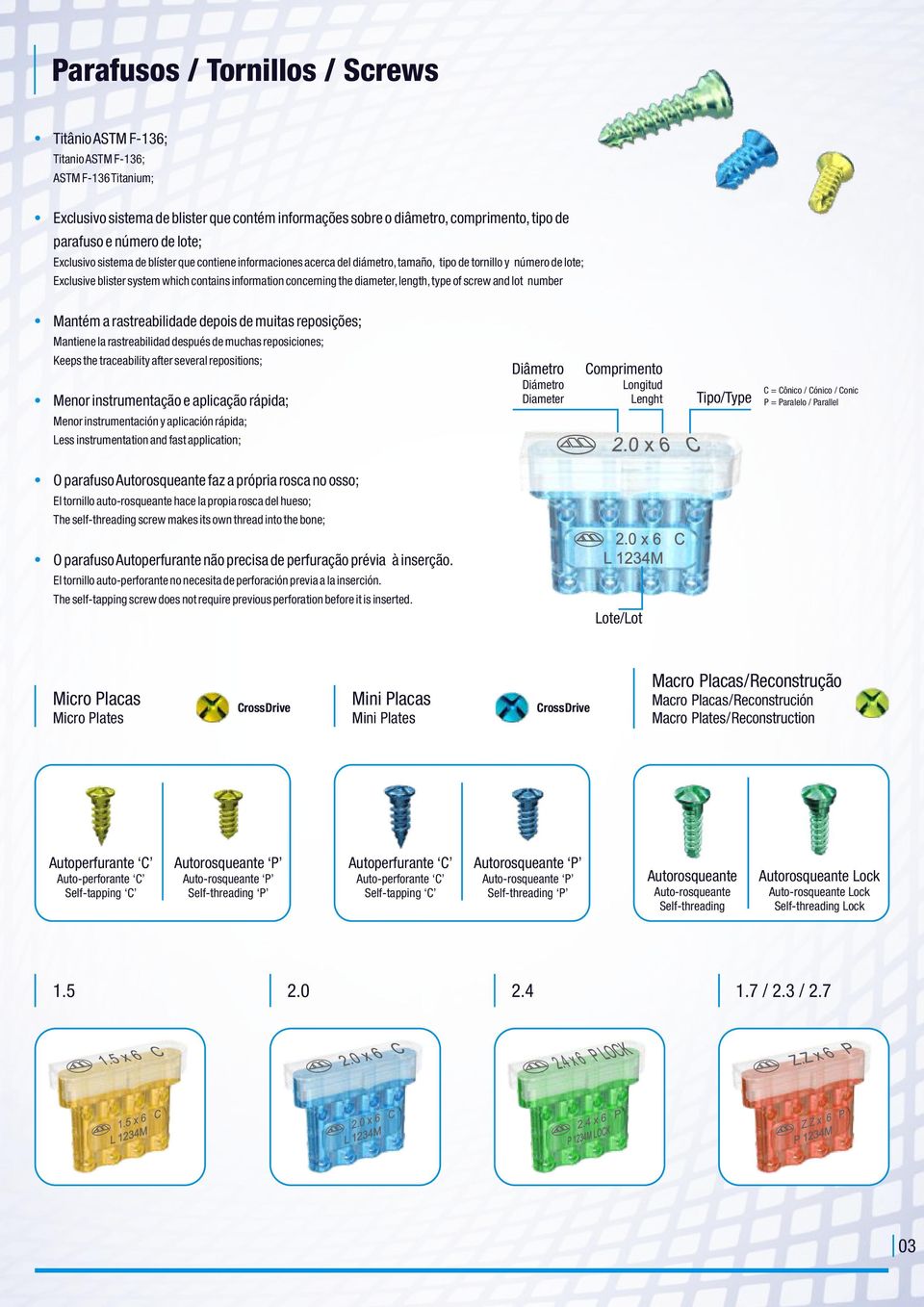 the diameter, length, type of screw and lot number Mantém a rastreabilidade depois de muitas reposições; Mantiene la rastreabilidad después de muchas reposiciones; Keeps the traceability after