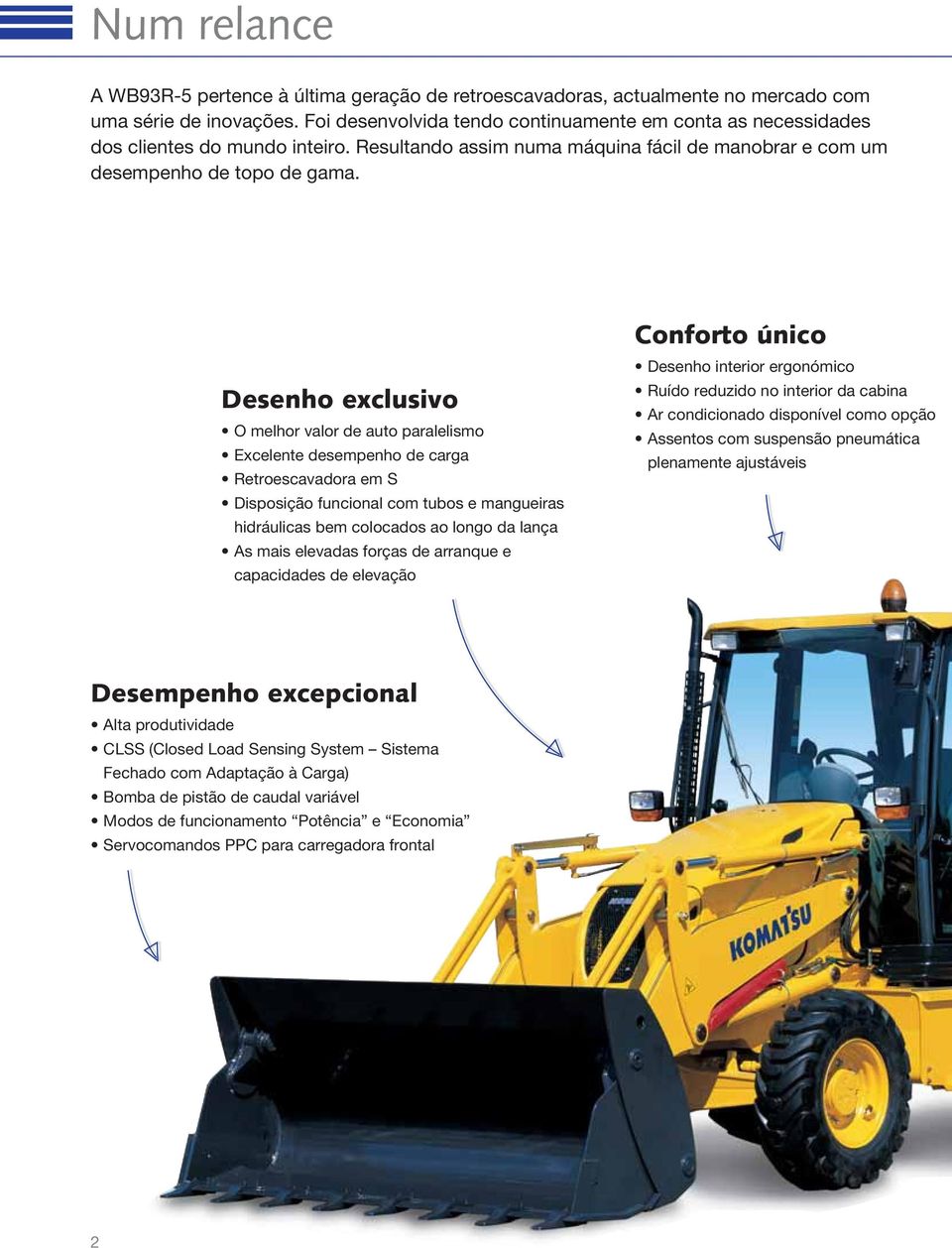 Desenho exclusivo O melhor valor de auto paralelismo Excelente desempenho de carga Retroescavadora em S Disposição funcional com tubos e mangueiras hidráulicas bem colocados ao longo da lança As mais