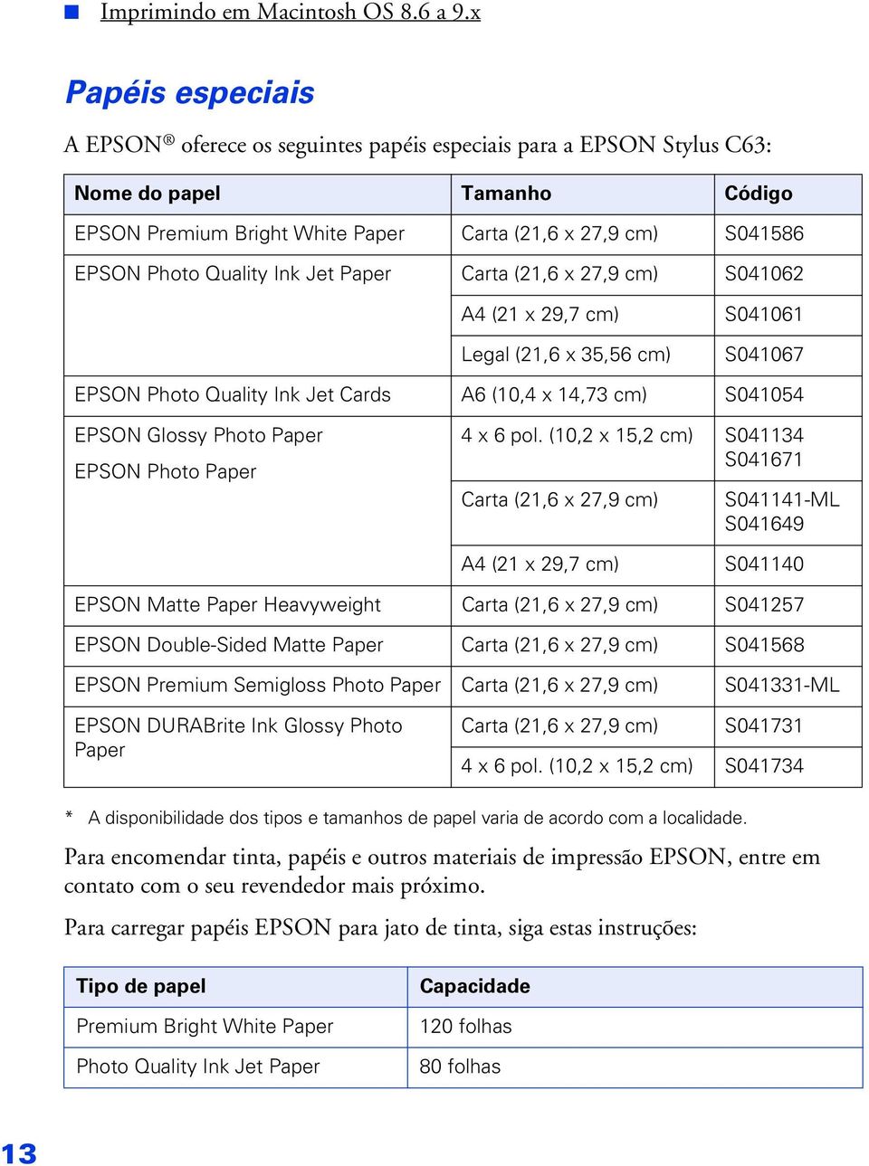 Quality Ink Jet Paper Carta (21,6 x 27,9 cm) S041062 A4 (21 x 29,7 cm) Legal (21,6 x 35,56 cm) S041061 S041067 EPSON Photo Quality Ink Jet Cards A6 (10,4 x 14,73 cm) S041054 EPSON Glossy Photo Paper