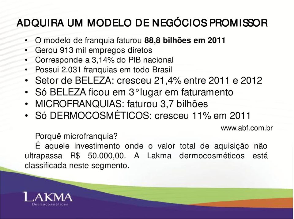 031 franquias em todo Brasil Setor de BELEZA: cresceu 21,4% entre 2011 e 2012 Só BELEZA ficou em 3 lugar em faturamento