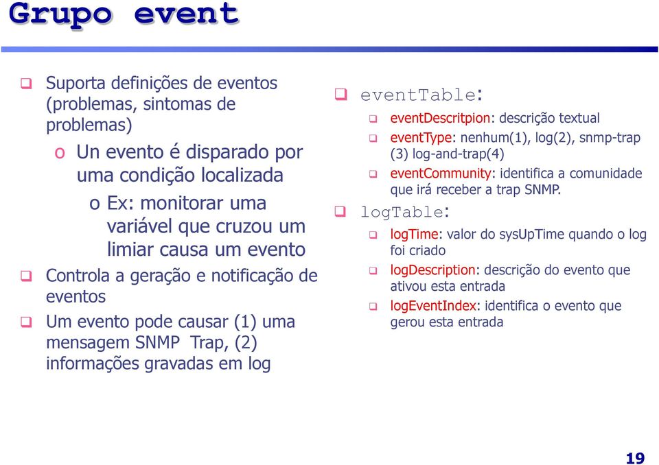 eventdescritpion: descrição textual eventtype: nenhum(1), log(2), snmp-trap (3) log-and-trap(4) eventcommunity: identifica a comunidade que irá receber a trap SNMP.