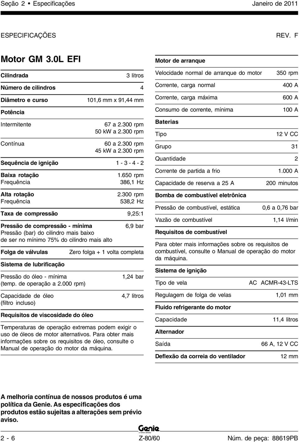 300 rpm 38, Hz Taxa de compressão 9,: Pressão de compressão - mínima Pressão (bar) do cilindro mais baixo de ser no mínimo 7% do cilindro mais alto 6,9 bar Folga de válvulas Zero folga + volta