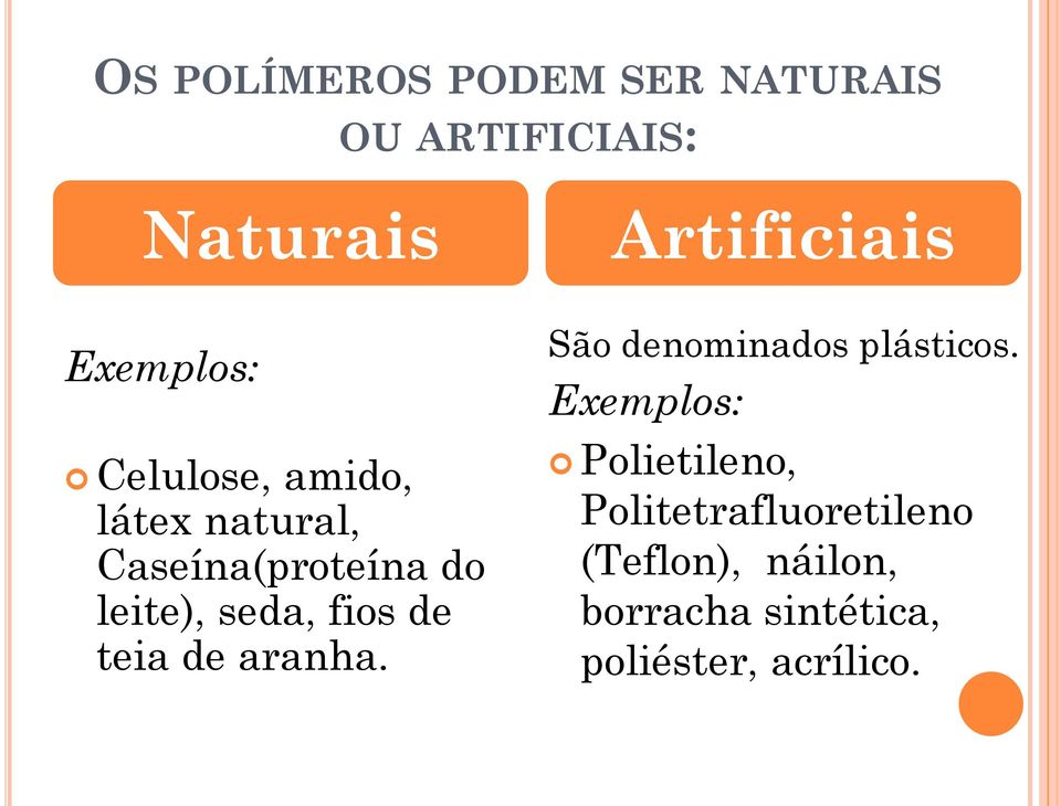 teia de aranha. Artificiais São denominados plásticos.