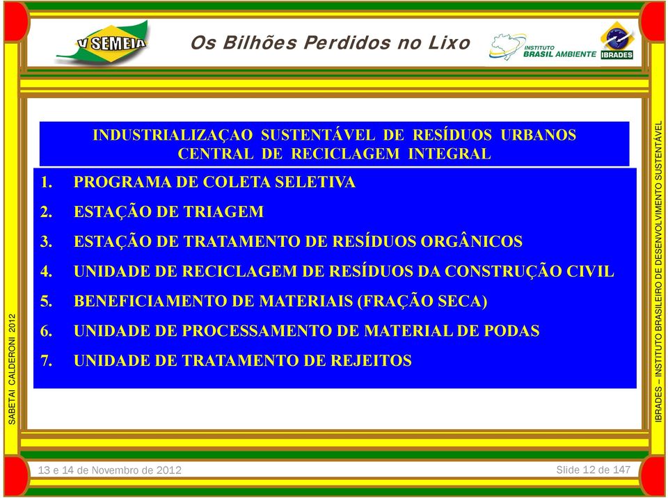 ESTAÇÃO DE TRATAMENTO DE RESÍDUOS ORGÂNICOS 4. UNIDADE DE RECICLAGEM DE RESÍDUOS DA CONSTRUÇÃO CIVIL 5.