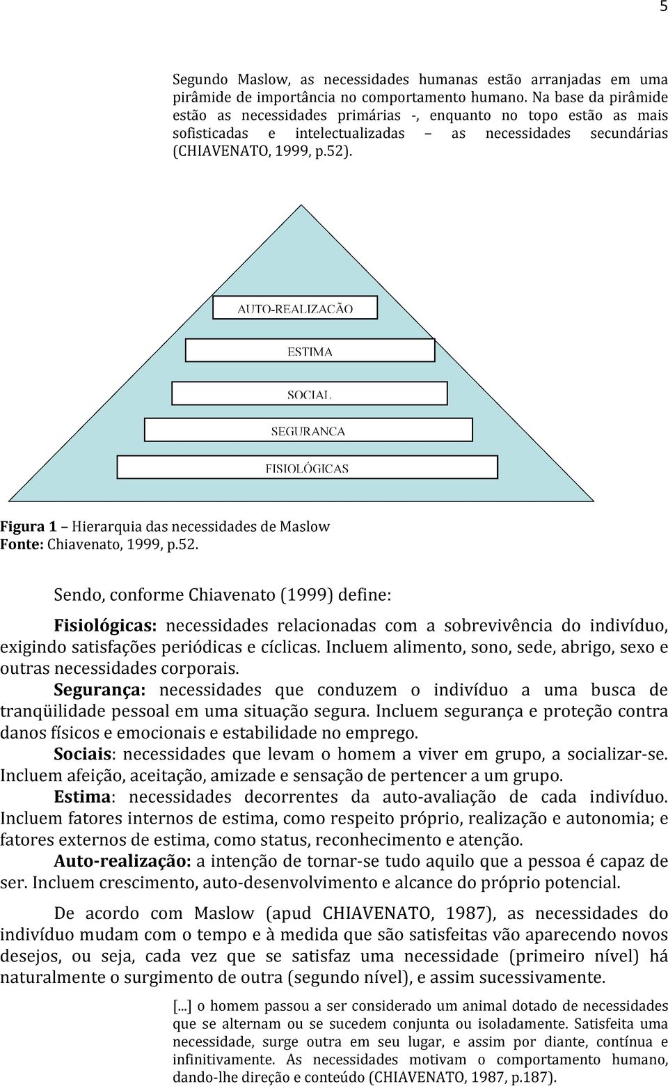 AUTO-REALIZAÇÃO AVANI ESTIMA SOCIAL SEGURANÇA FISIOLÓGICAS Figura 1 Hierarquia das necessidades de Maslow Fonte: Chiavenato, 1999, p.52.