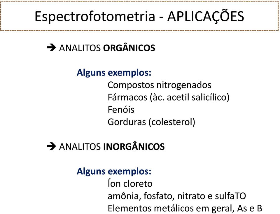 acetil salicílico) Fenóis Gorduras (colesterol) ANALITOS INORGÂNICOS