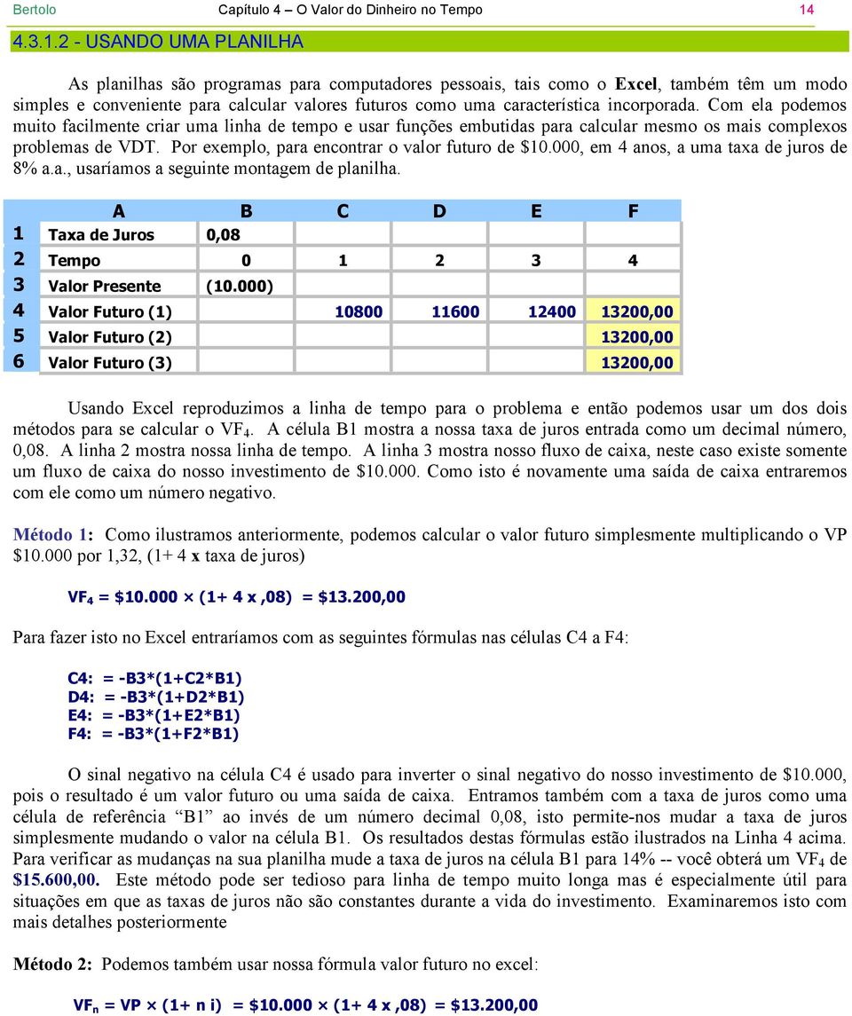 2 - USANDO UMA PLANILHA As planilhas são programas para computadores pessoais, tais como o Excel, também têm um modo simples e conveniente para calcular valores futuros como uma característica