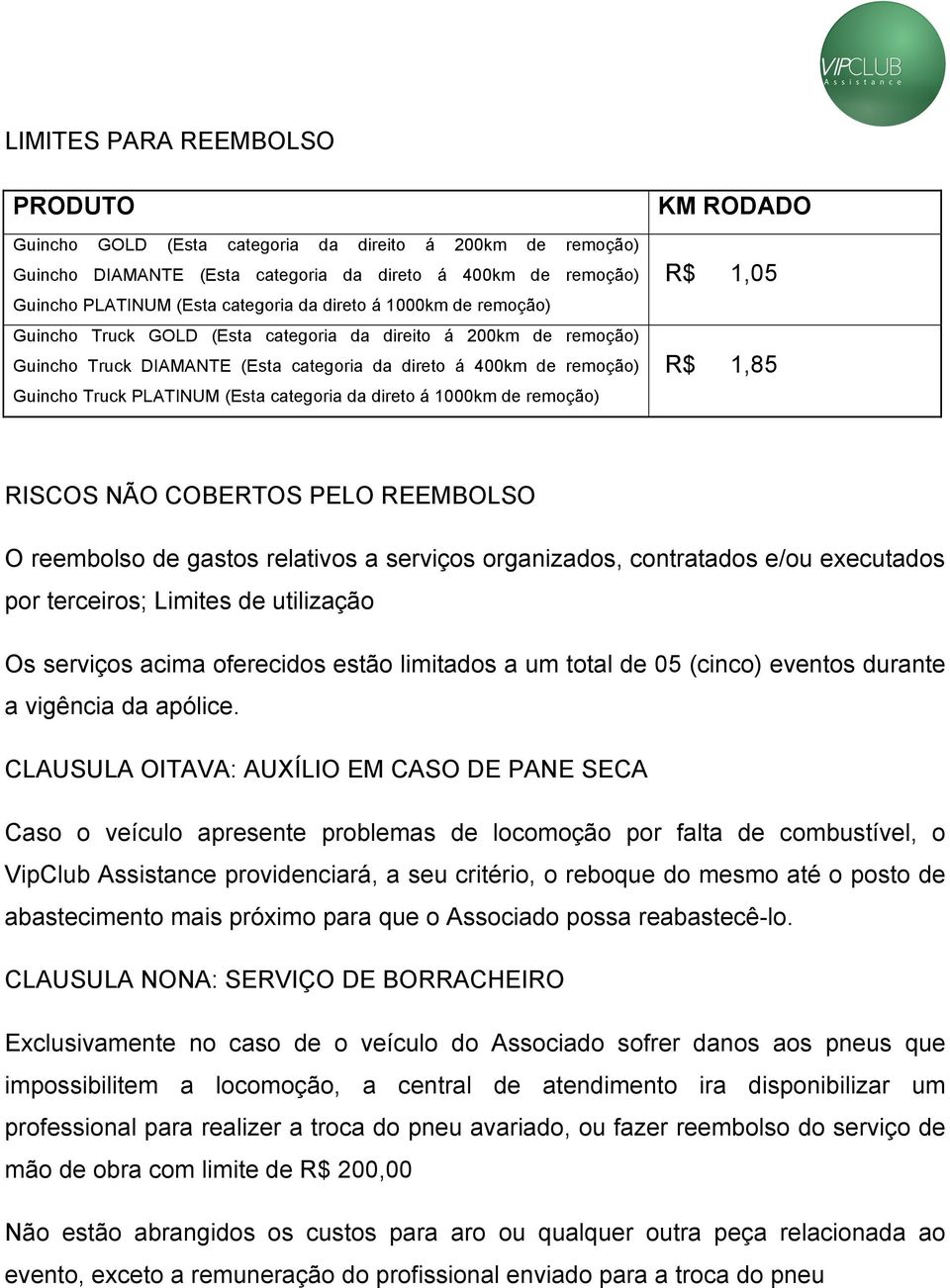 direto á 1000km de remoção) KM RODADO R$ 1,05 R$ 1,85 RISCOS NÃO COBERTOS PELO REEMBOLSO O reembolso de gastos relativos a serviços organizados, contratados e/ou executados por terceiros; Limites de