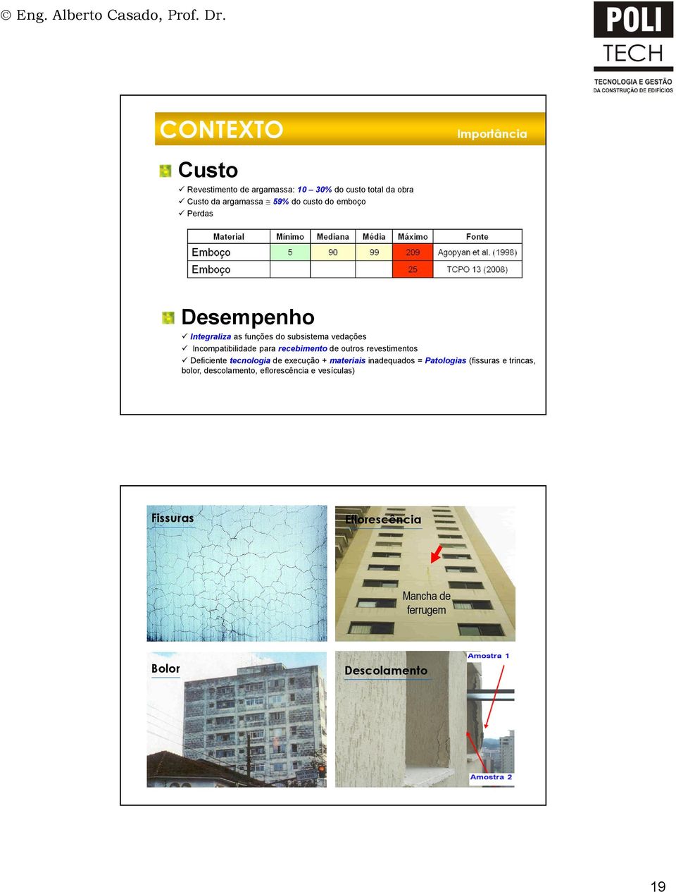 emboço Perdas Desempenho Integraliza as funções do subsistema vedações Incompatibilidade para recebimento de outros