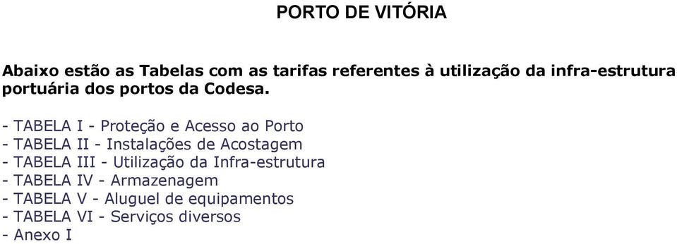 - TABELA I - Proteção e Acesso ao Porto - TABELA II - Instalações de Acostagem - TABELA