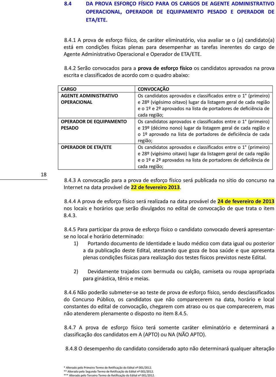 2 Serão convocados para a prova de esforço físico os candidatos aprovados na prova escrita e classificados de acordo com o quadro abaixo: 18 CARGO OPERADOR DE EQUIPAMENTO PESADO OPERADOR DE ETA/ETE