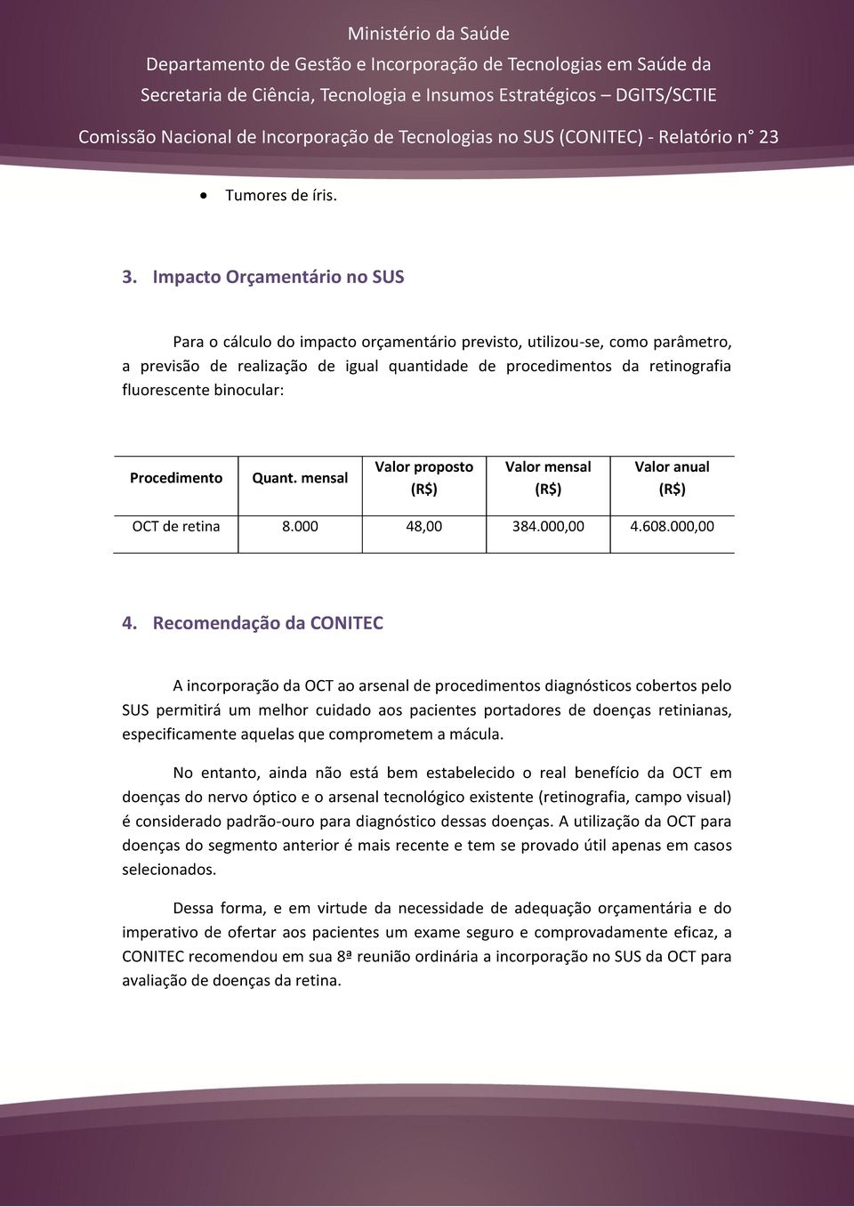 binocular: Procedimento Quant. mensal Valor proposto (R$) Valor mensal (R$) Valor anual (R$) OCT de retina 8.000 48,00 384.000,00 4.