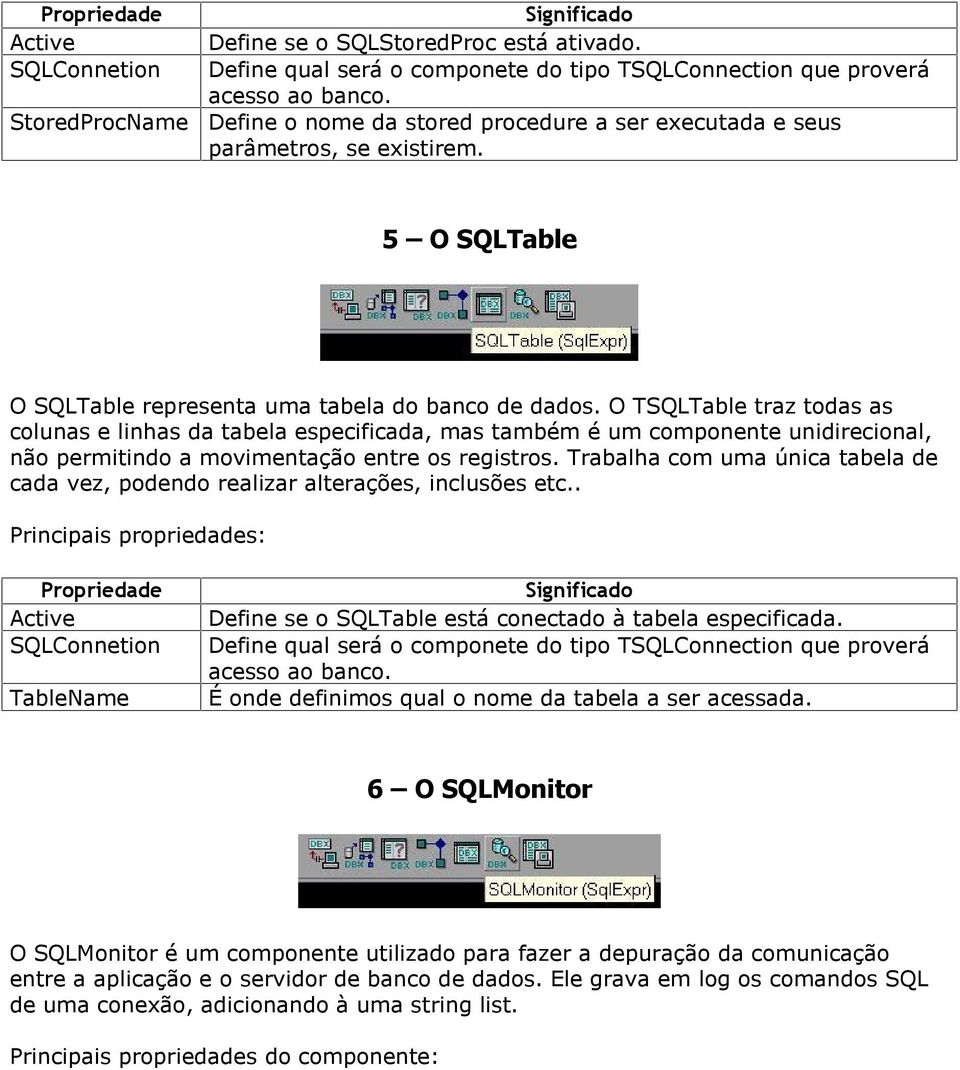 O TSQLTable traz todas as colunas e linhas da tabela especificada, mas também é um componente unidirecional, não permitindo a movimentação entre os registros.