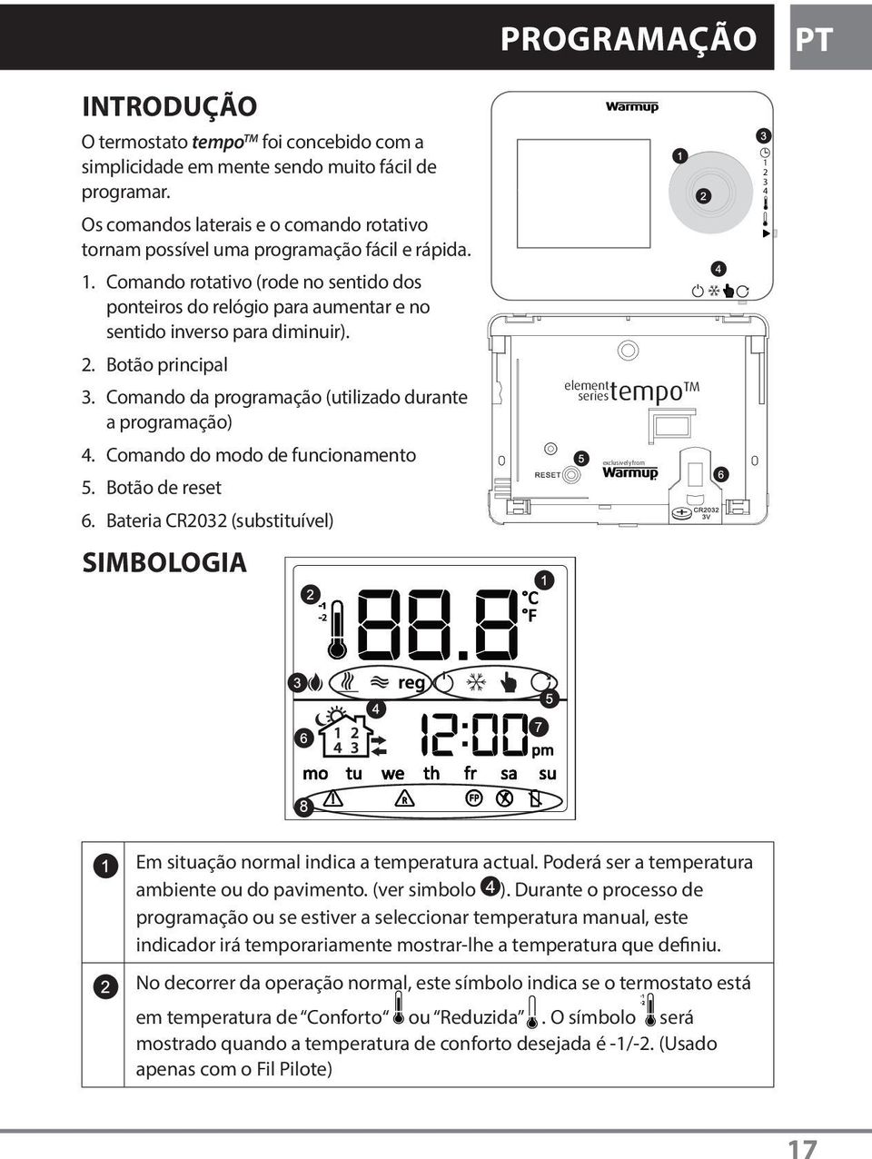 Comando rotativo (rode no sentido dos ponteiros do relógio para aumentar e no sentido inverso para diminuir). 2. Botão principal 3. Comando da programação (utilizado durante a programação) 4.