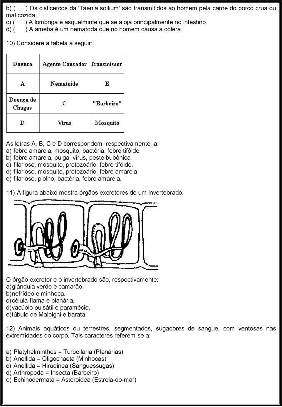 b) febre amarela, pulga, vírus, peste bubônica. c) filariose, mosquito, protozoário, febre tifóide. d) filariose, mosquito, protozoário, febre amarela. e) filariose, piolho, bactéria, febre amarela.