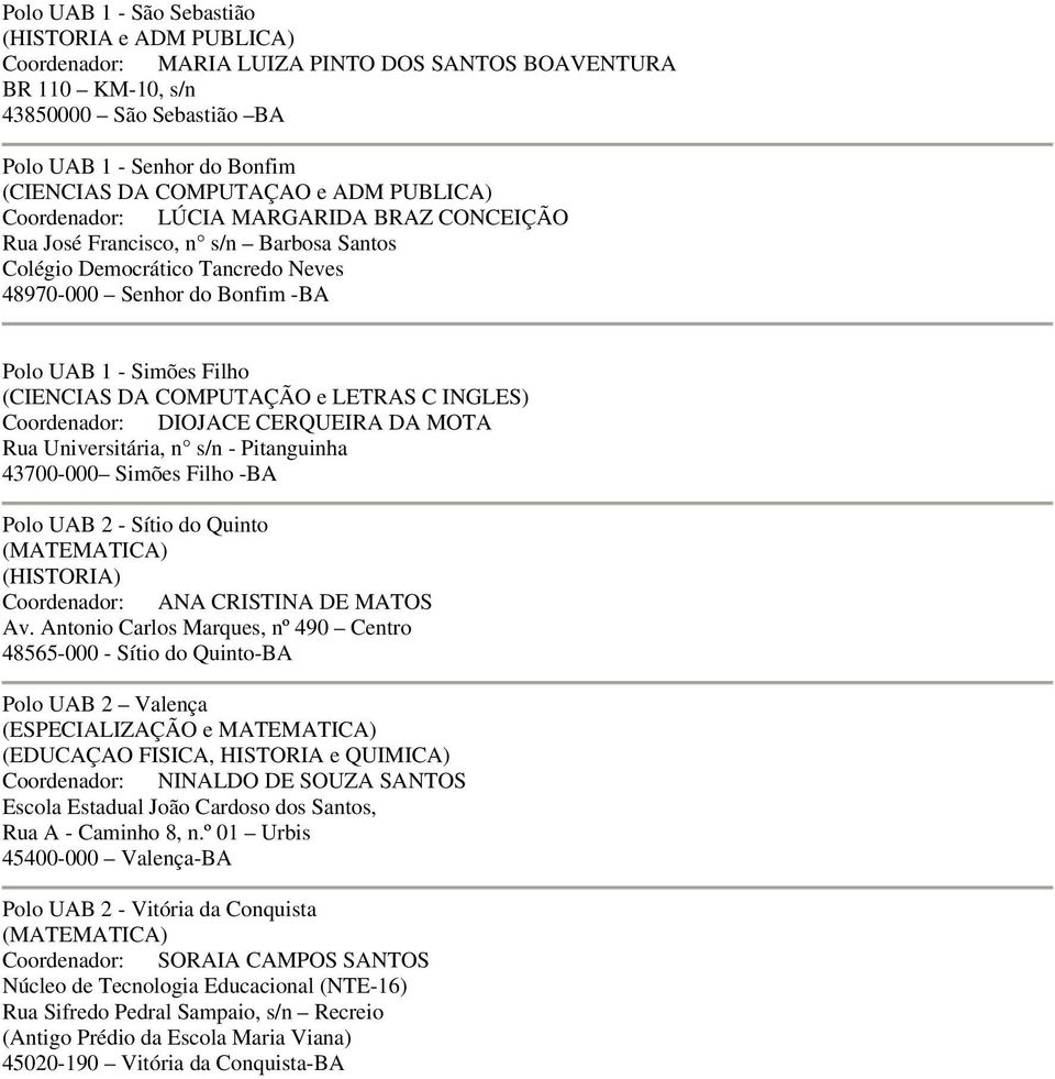 Filho (CIENCIAS DA COMPUTAÇÃO e LETRAS C INGLES) Coordenador: DIOJACE CERQUEIRA DA MOTA Rua Universitária, n s/n - Pitanguinha 43700-000 Simões Filho -BA Polo UAB 2 - Sítio do Quinto (MATEMATICA)