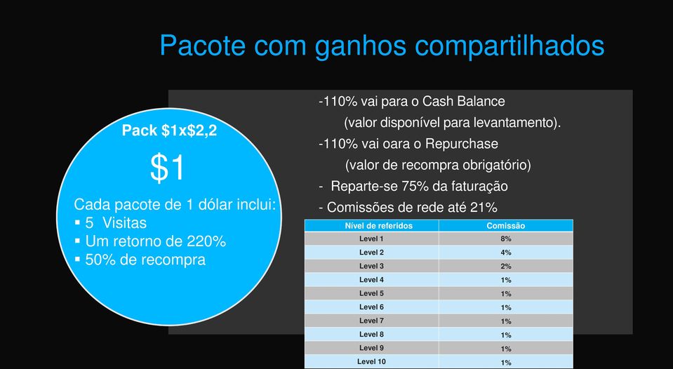 -110% vai oara o Repurchase (valor de recompra obrigatório) - Reparte-se 75% da faturação - Comissões de