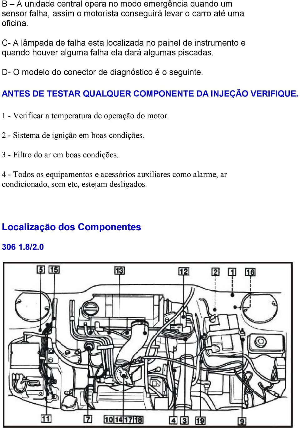 D- O modelo do conector de diagnóstico é o seguinte. ANTES DE TESTAR QUALQUER COMPONENTE DA INJEÇÃO VERIFIQUE.