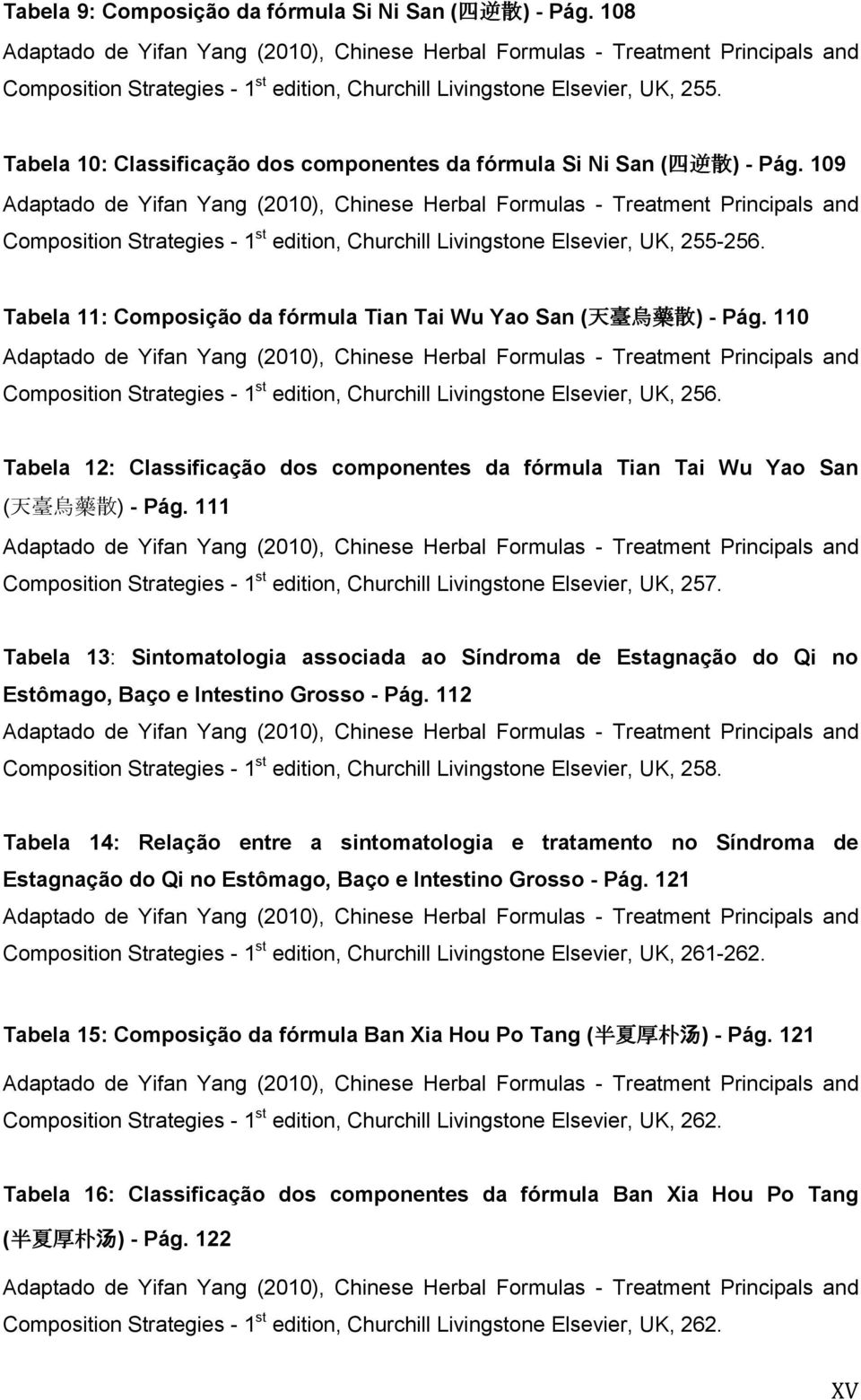 Tabela 10: Classificação dos componentes da fórmula Si Ni San ( 四 逆 散 ) - Pág.