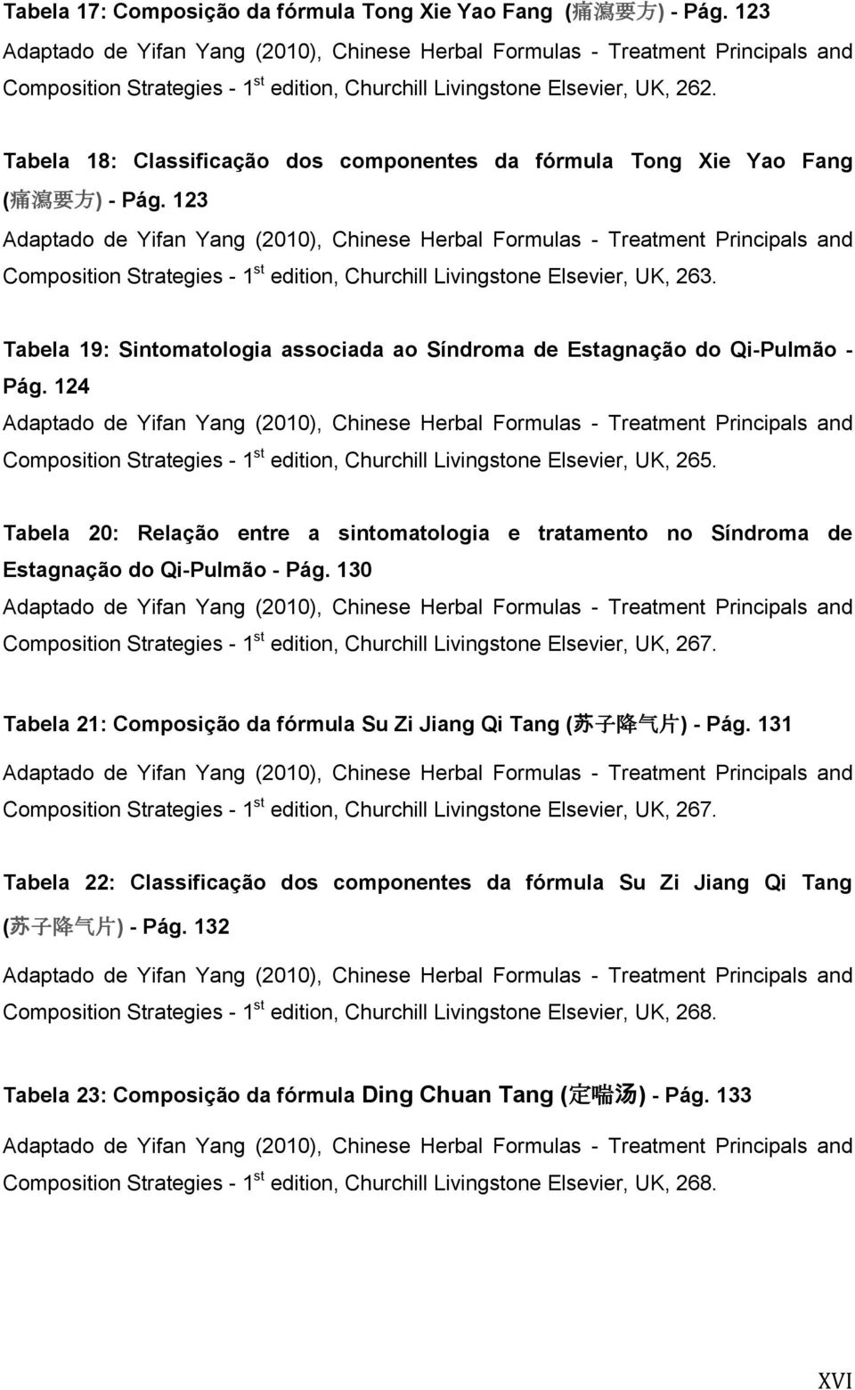 Tabela 18: Classificação dos componentes da fórmula Tong Xie Yao Fang ( 痛 瀉 要 方 ) - Pág.