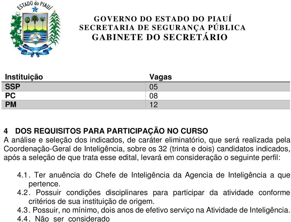 Ter anuência do Chefe de Inteligência da Agencia de Inteligência a que pertence. 4.2. Possuir condições disciplinares para participar da atividade conforme critérios de sua instituição de origem. 4.3.