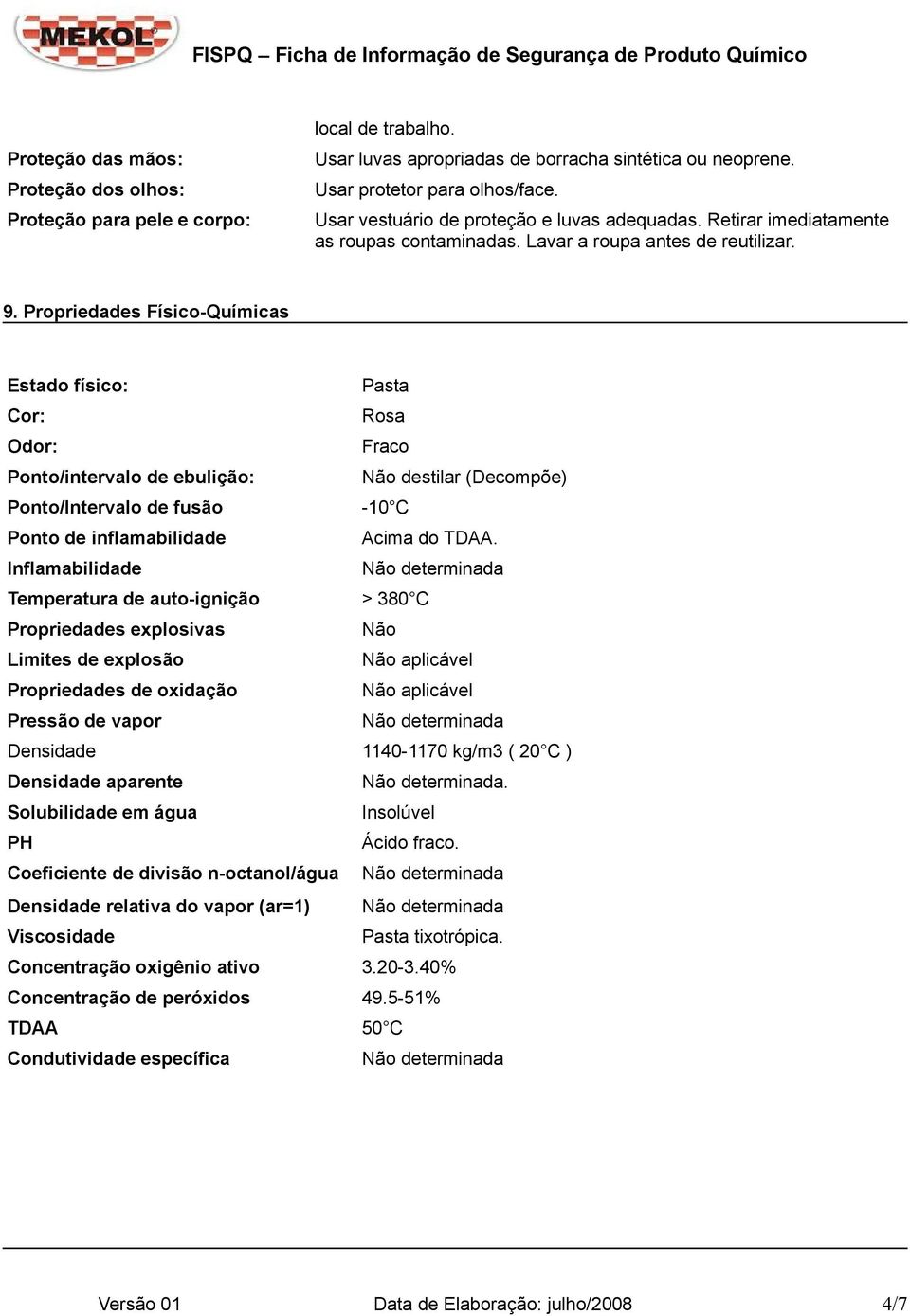 Propriedades Físico-Químicas Estado físico: Pasta Cor: Rosa Odor: Fraco Ponto/intervalo de ebulição: Não destilar (Decompõe) Ponto/Intervalo de fusão -10 C Ponto de inflamabilidade Acima do TDAA.