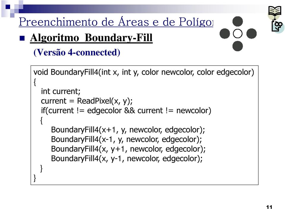 = newcolor) } { } BoundaryFill4(x+1, y, newcolor, edgecolor); BoundaryFill4(x-1, y, newcolor,