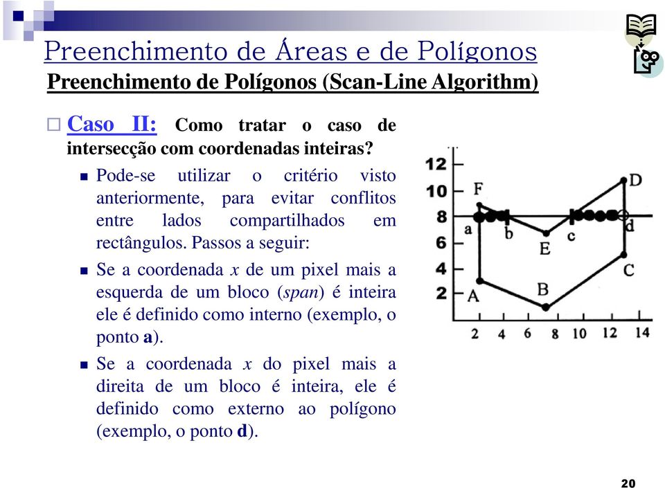 Passos a seguir: Se a coordenada x de um pixel mais a esquerda de um bloco (span) é inteira ele é definido como interno