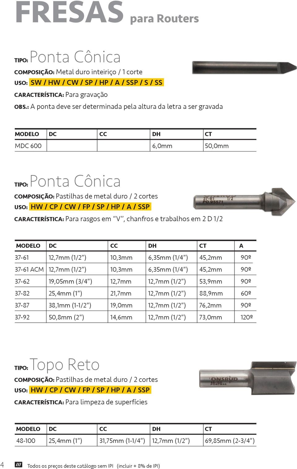 SSP CARACTERÍSTICA: Para rasgos em V, chanfros e trabalhos em 2 D 1/2 MODELO DC CC DH CT A PREÇO 37-61 12,7mm (1/2 ) 10,3mm 6,35mm (1/4 ) 45,2mm 90º 37-61 ACM 12,7mm (1/2 ) 10,3mm 6,35mm (1/4 )